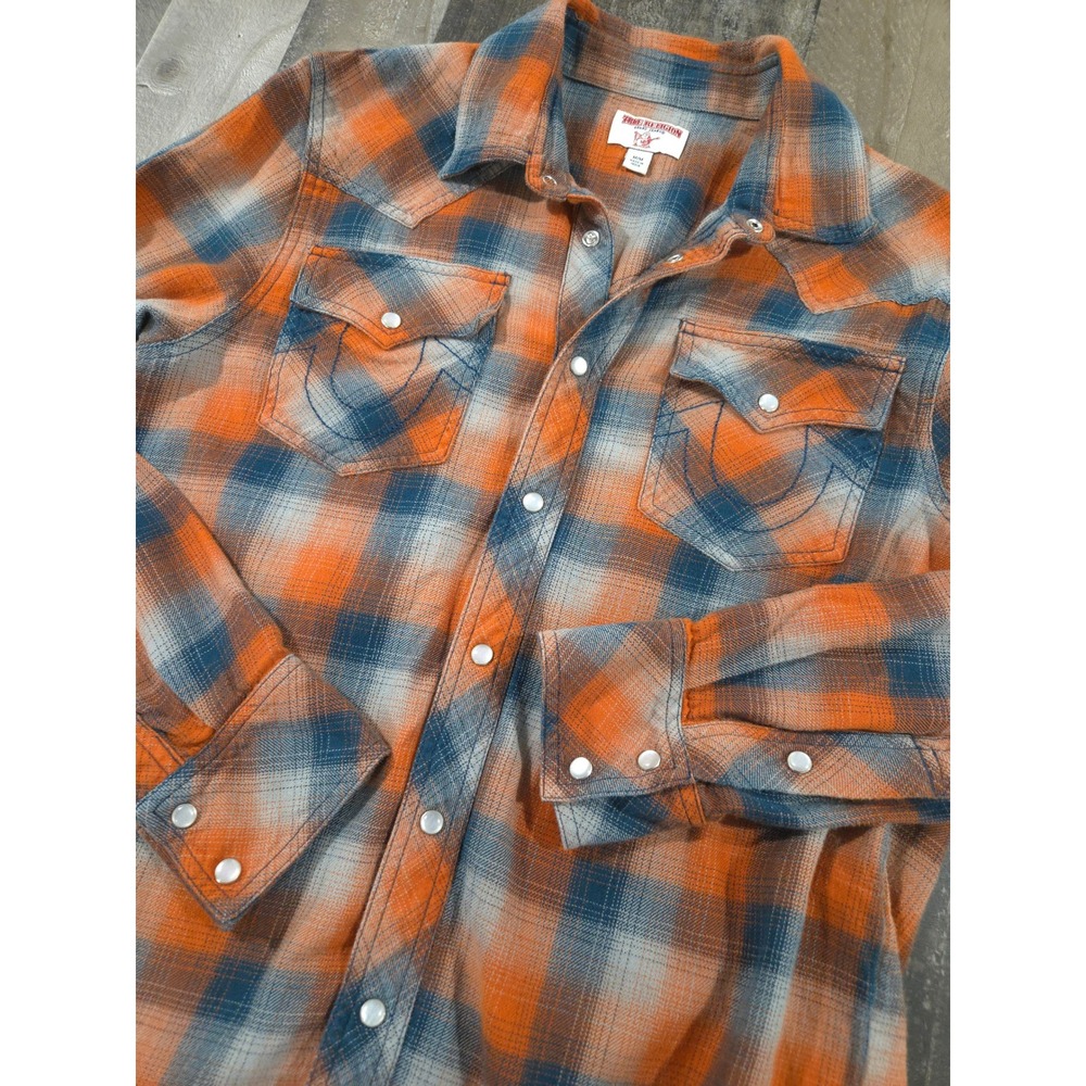 Vintage Style True Religion Plaid Flannel Pearl Snap Western Shirt Orange Blue M